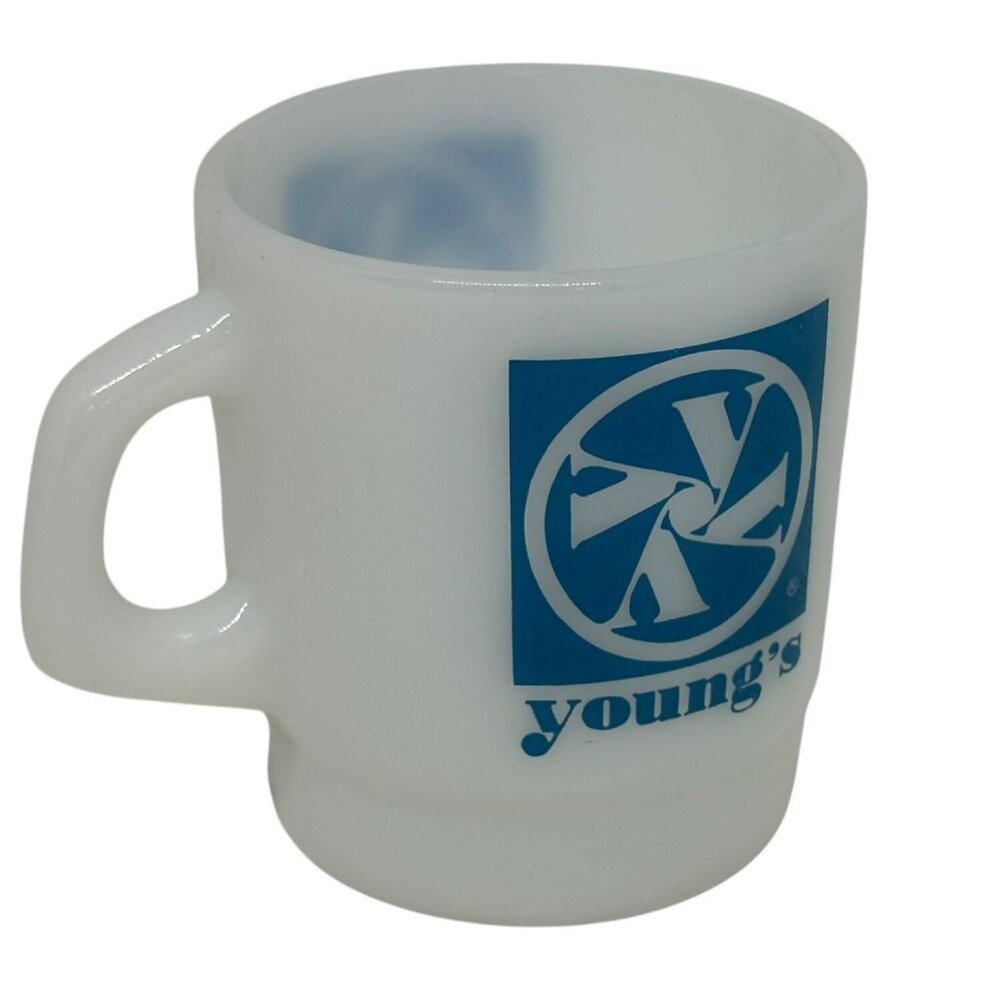 VTG Young’s Federals‎ Milk Glass Coffee Mug White Milk Glass with Blue Logo 3.5"